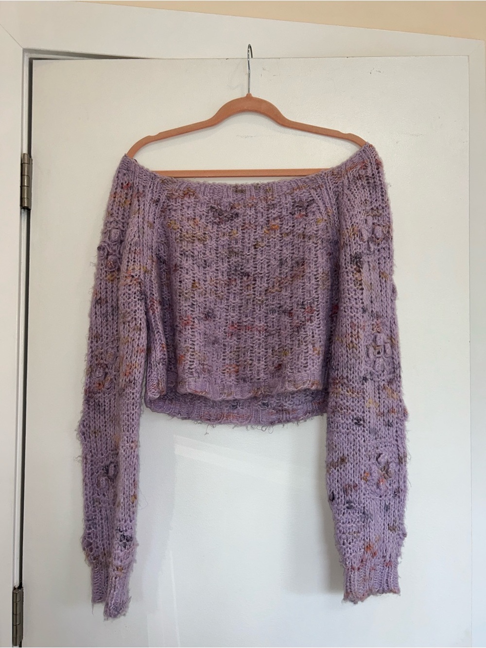 Free People Lilac Off-Shoulder Cropped Knit Sweater